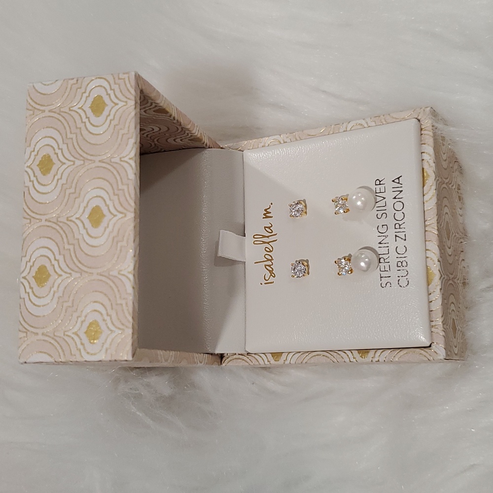 Isabella M Sterling Silver Cubic Zirconia Earrings Set Of 2 New In Box